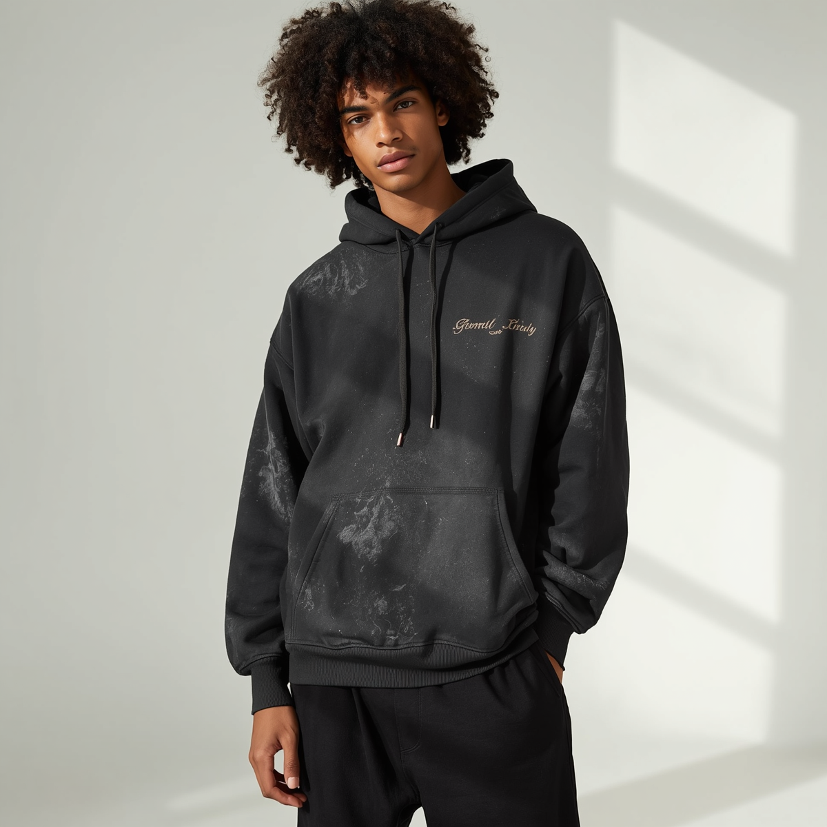 Embroidered Oversized Hoodie — Washed Black