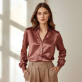 Satin V-Neck Blouse — Dusty Rose